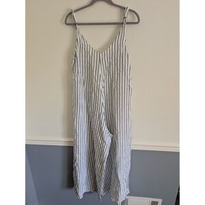 Puro Lino Italy Linen Striped Wide Leg Jumpsuit Navy White Tie Strap coastal